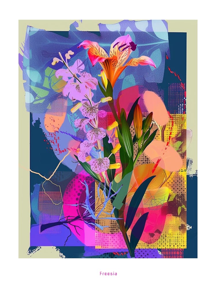 Freesia 4 Neon Flower Collage Poster
