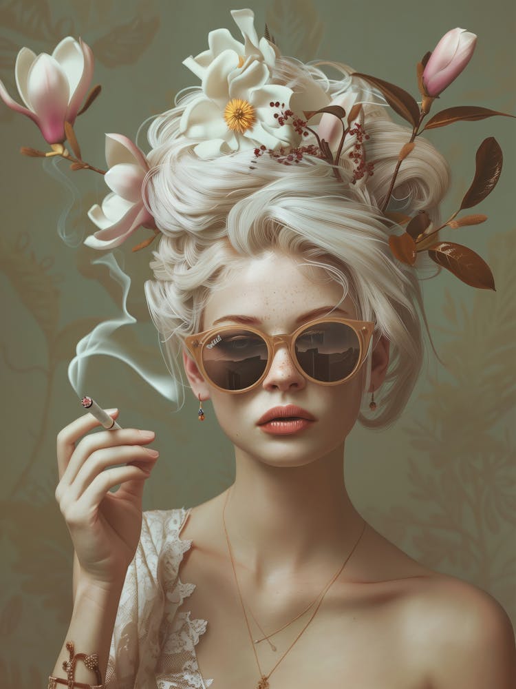 Surreal Floral Fashion Portrait Botanical Retro Boho Chic Femme Art