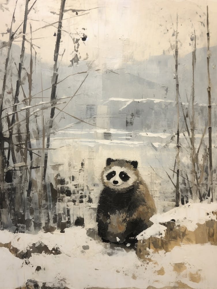 Vintage Winter Animal Painting Raccoon 3