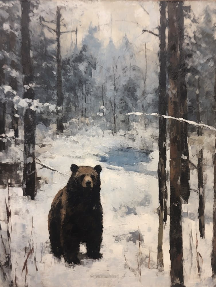 Vintage Winter Animal Painting Black Bear 1