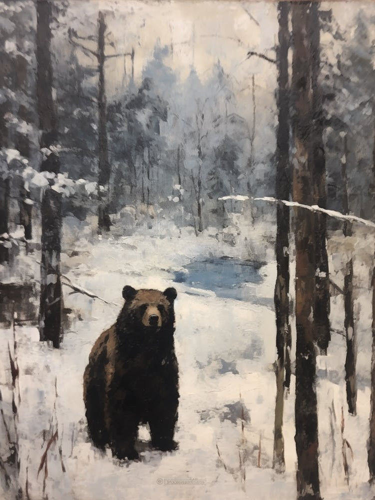 Vintage Winter Animal Painting Black Bear 1