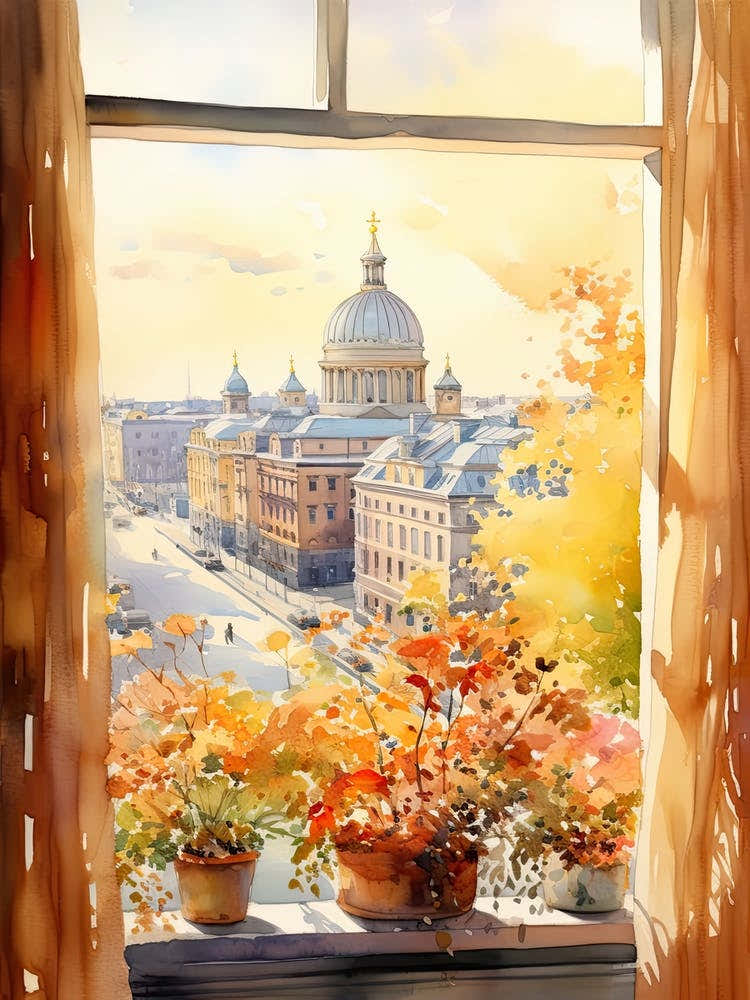 Window View Of Helsinki Finland In Autumn Fall, Watercolour 4