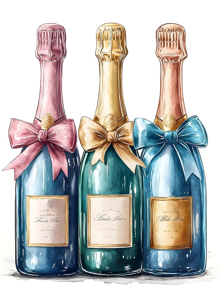 Watercolor Champagne Bottles With Bows