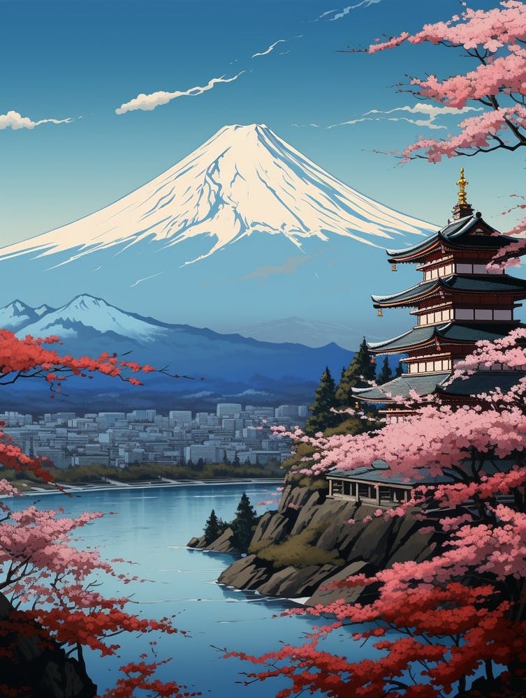 Montagnes Et Sources Chaudes Illustration Style Japonais 4