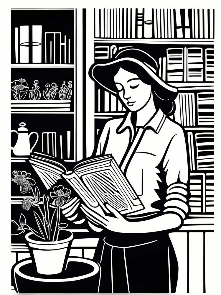Just a girl who loves to read, Lion cut inspired Black and white Stylized portrait of a Woman reading a book, reading art, bookworm, Reading girl, 237