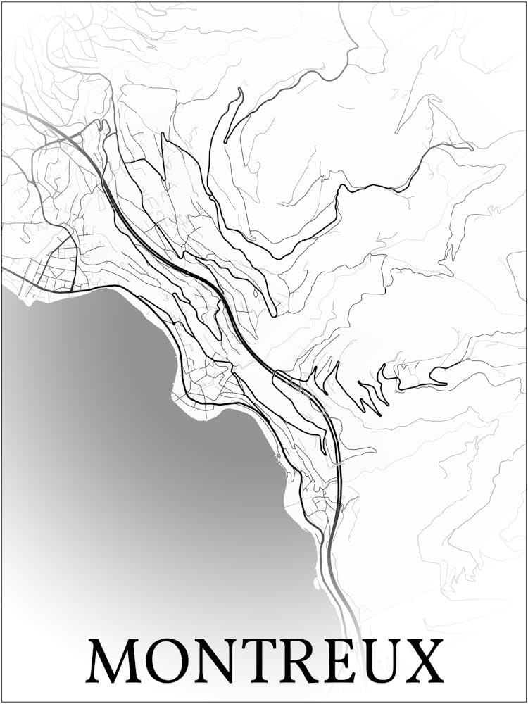 Montreux, Switzerland, City Map, Black And White Fade Design