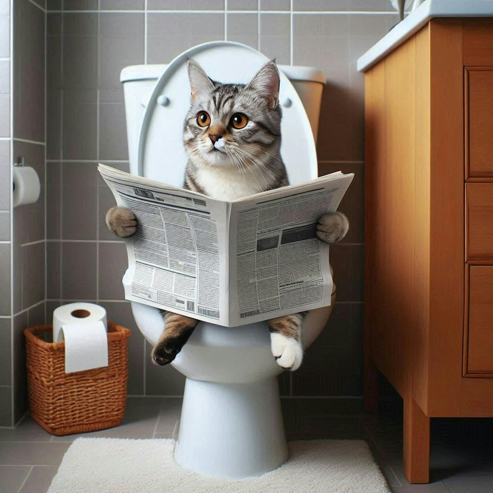Cat Reading Newspaper on toilet