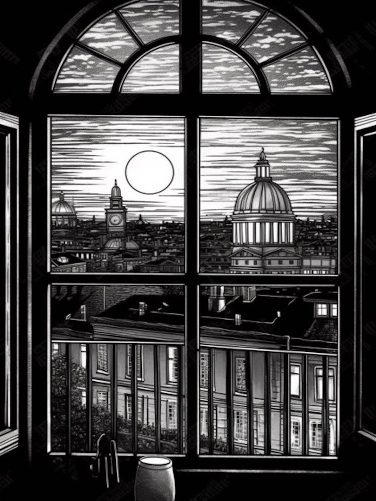 A Window View Of Berlin In The Style Of Black And White  Line Art 3