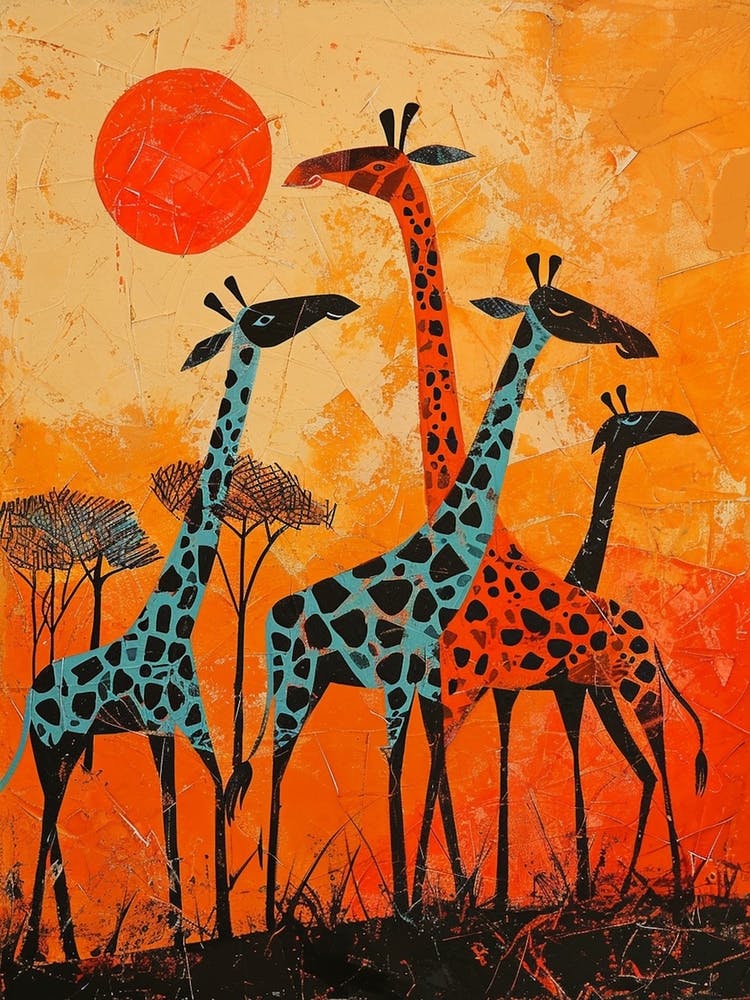 Abstract Giraffe Herd In The Sunset 2