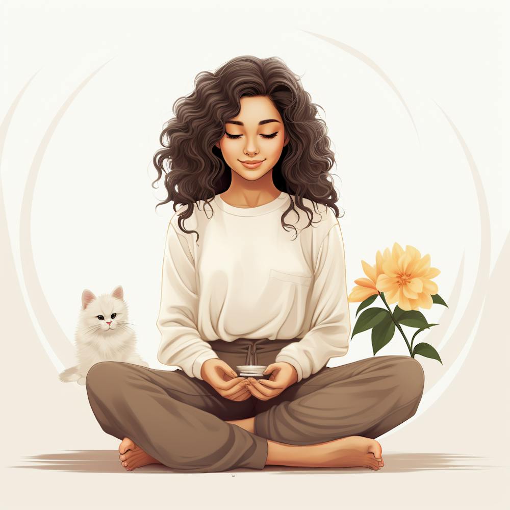 Meditating Girl With Cat