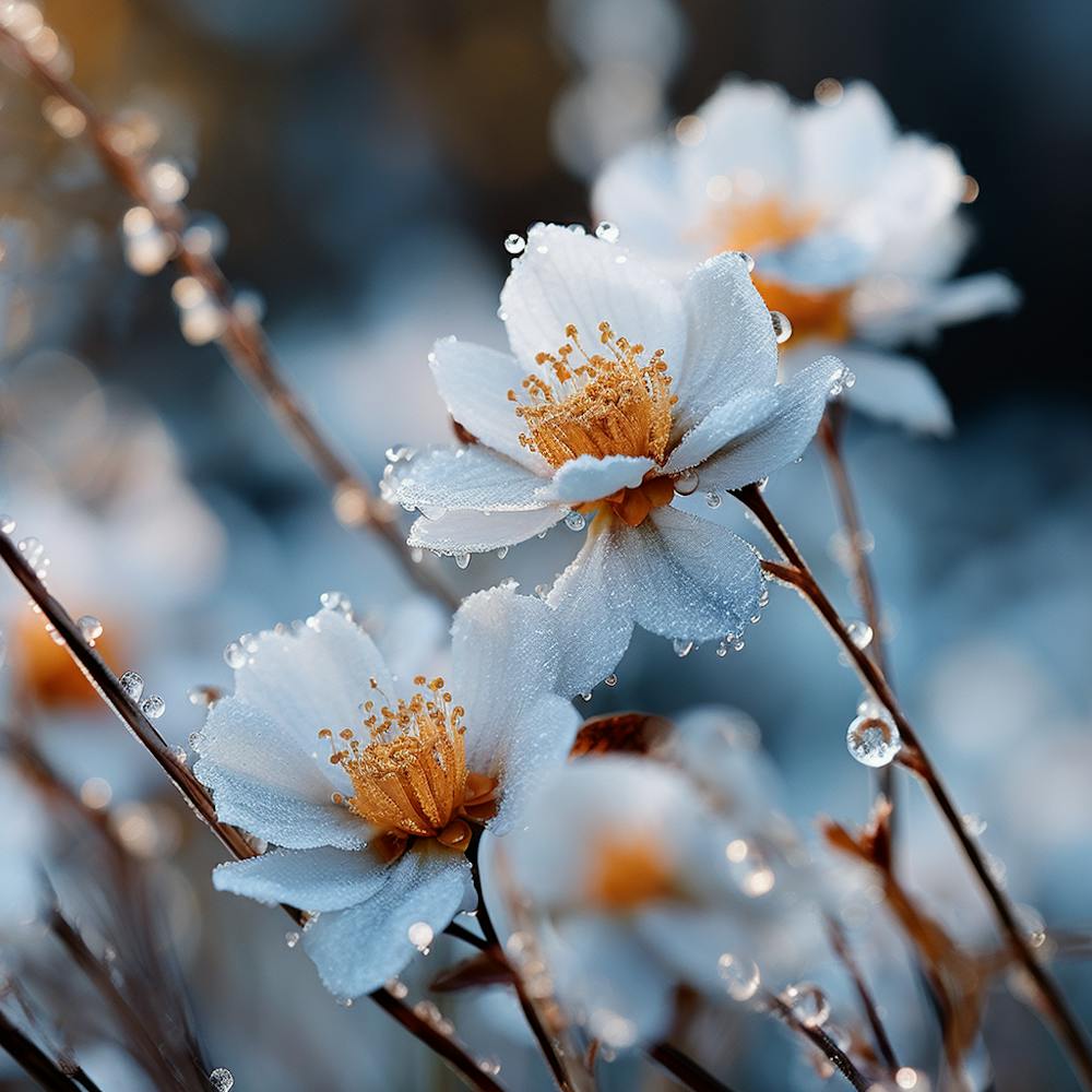 White Flowers With Dew Drops