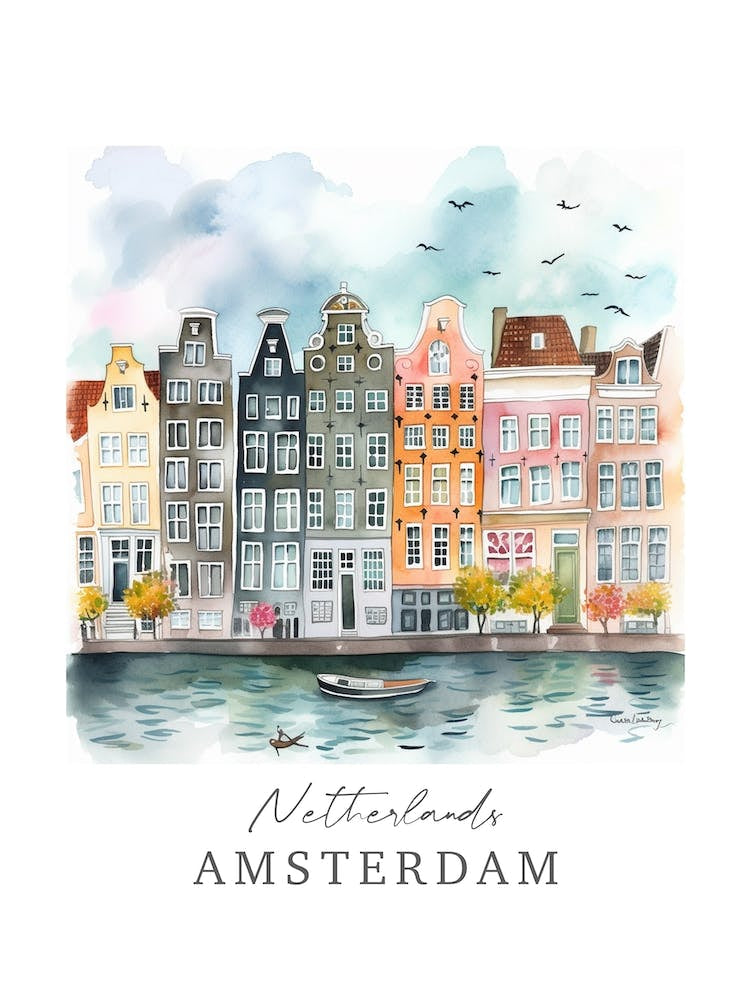 Netherlands, Amsterdam Storybook 3 Travel Poster Watercolour