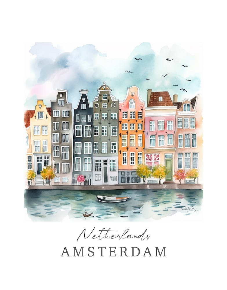 Netherlands, Amsterdam Storybook 3 Travel Poster Watercolour