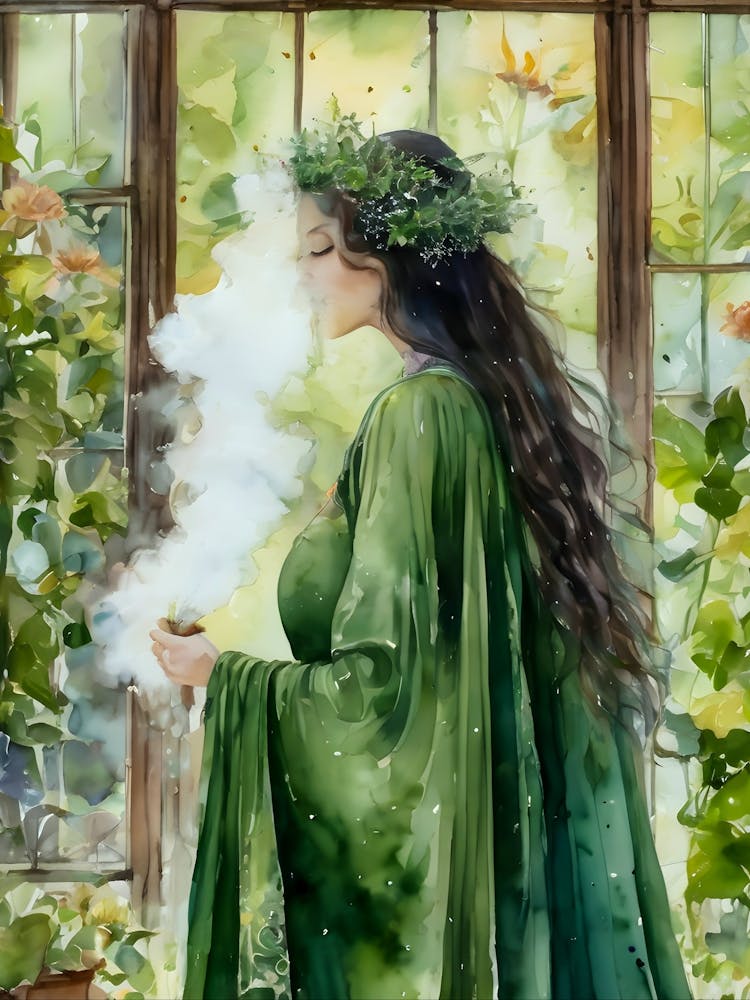 Communion avec les esprits des plantes ~ Sorcière des haies verte chamanique alliée de la nature Sorcière fumeuse Ayahuasca DMT Datura Lotus Belladonna Aquarelle psychédélique Païen Conte de fées Gothique Œuvre d'art Peinture Sorcellerie HD