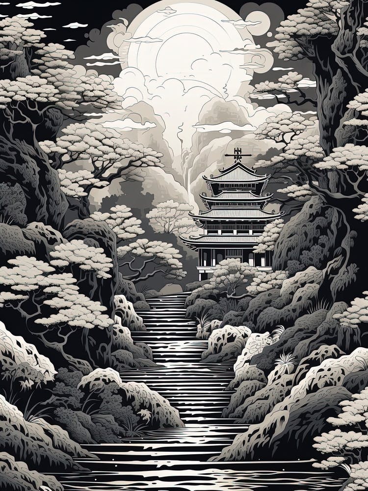 Ise Grand Shrine In Mie, Ukiyo E Black And White Line Art Drawing 1