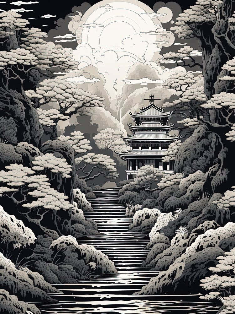 Ise Grand Shrine In Mie, Ukiyo E Black And White Line Art Drawing 1