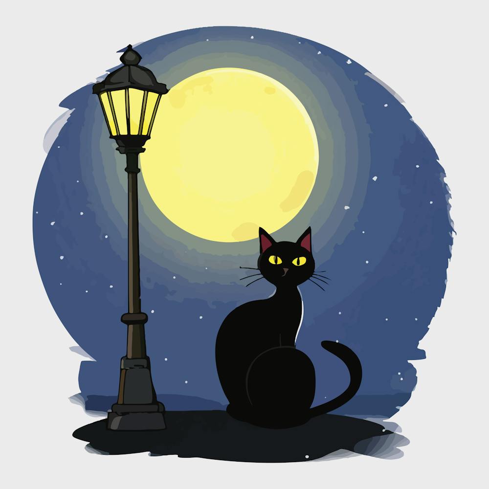 Black Cat Sitting Calmly Under A Glowing