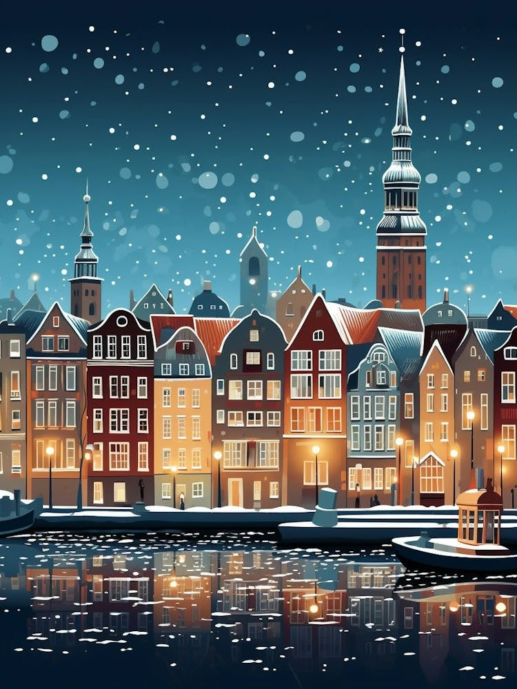 Winter Travel Night Illustration Copenhagen Denmark 3