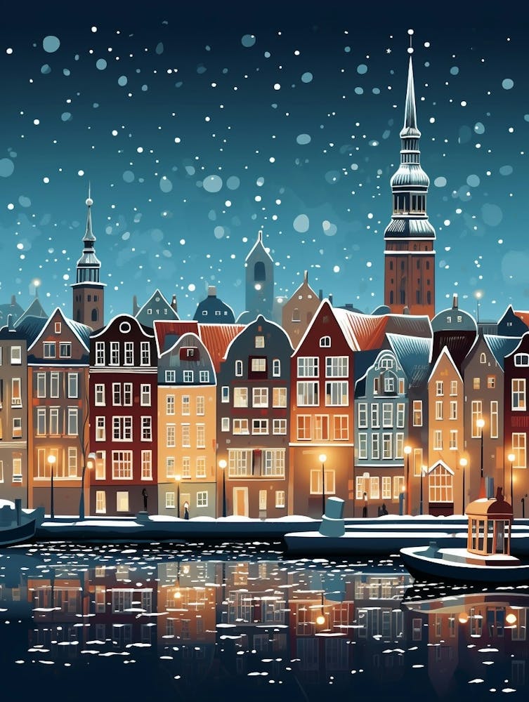 Winter Travel Night Illustration Copenhagen Denmark 3