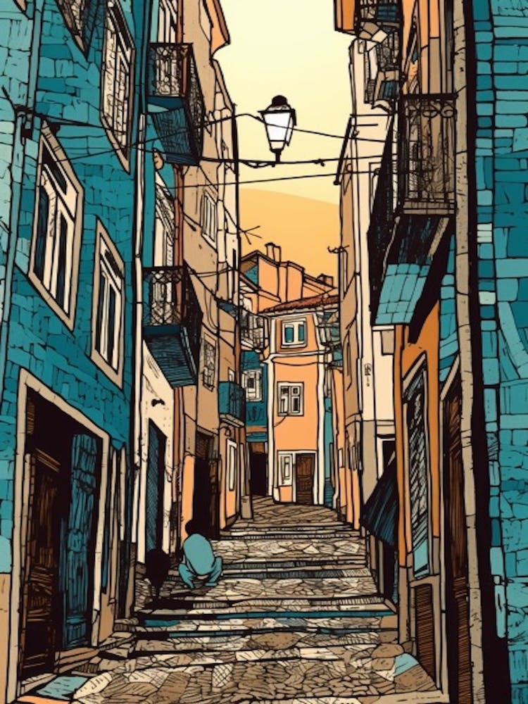Gemälde von Lissabon Portugal im Stil der Strichkunst 1