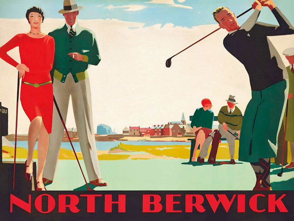 North Berwick Golf, Vintage Golf Art, Scotland Travel Poster, Golfers, Colorful Wall Art