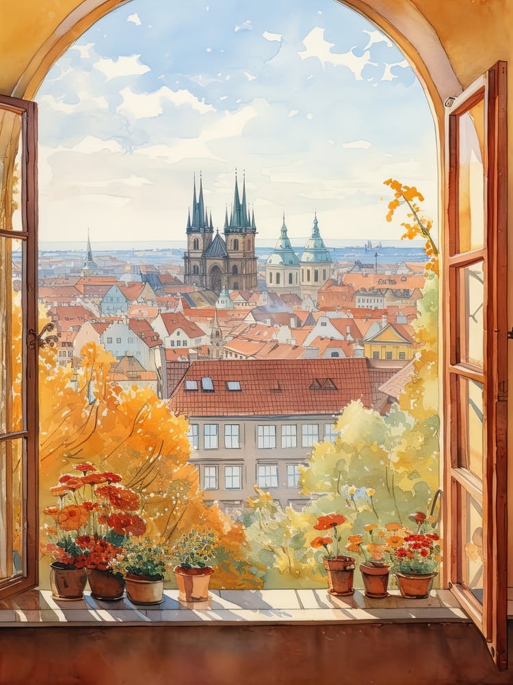 Window View Of Prague Czech Republic In Autumn Fall, Watercolour 1
