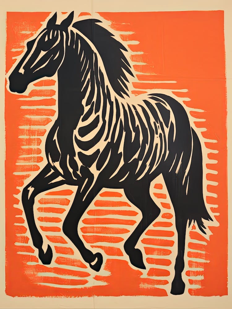 Black Horse, Woodblock Animal  Drawing 7