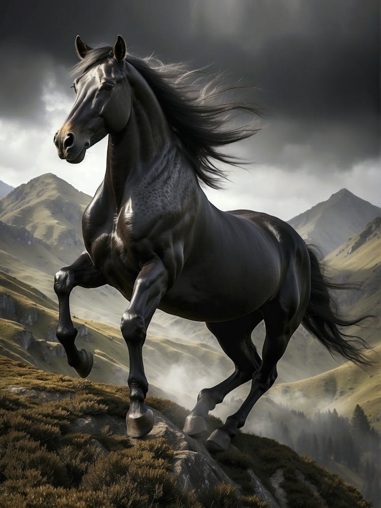 Black Horse Running In The Mountains