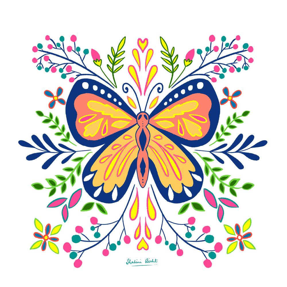Colourful Butterfly With Botanical Patterns