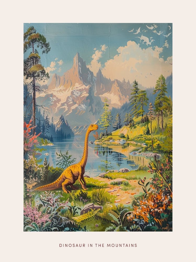 Dinosaur In The Mountains Landscape Painting 2 Poster