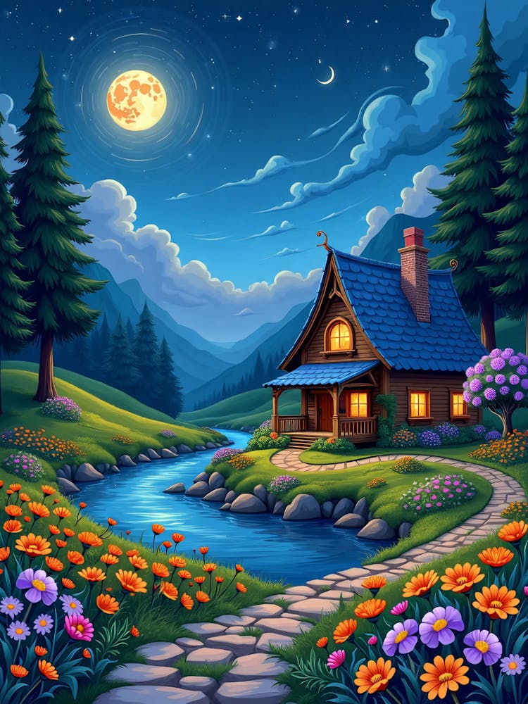A Beautiful Wooden House Moon Night Landscape V 04