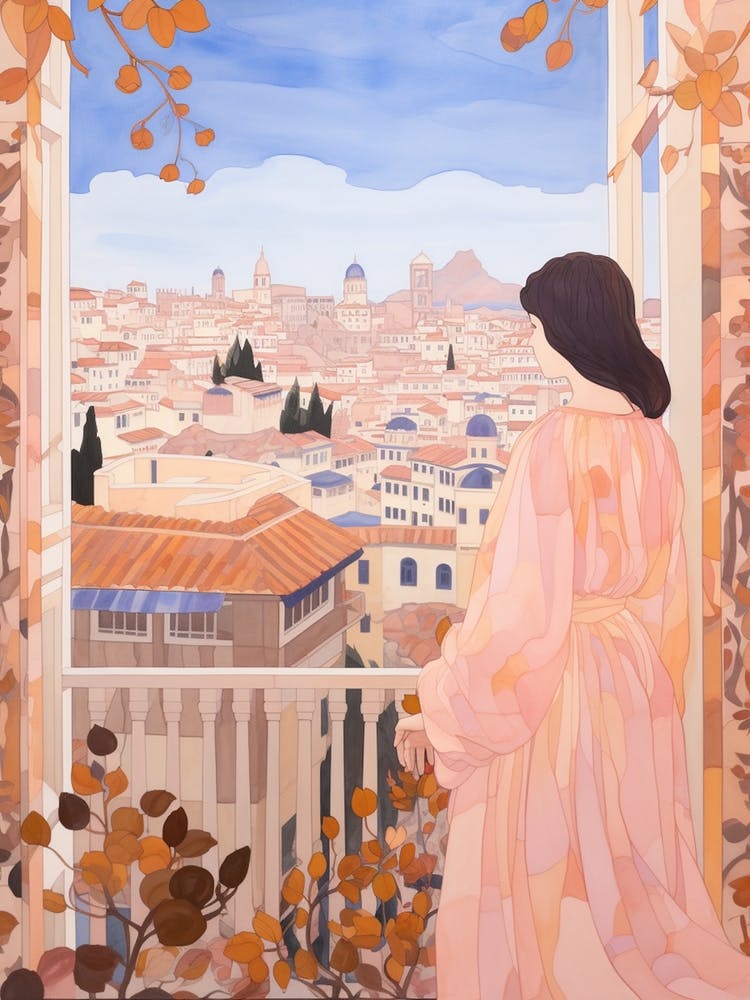 Valencia Spain 6 Vintage Pink Travel Illustration