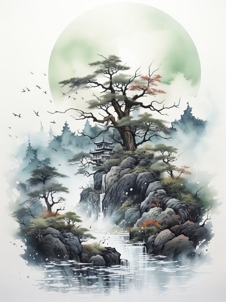 Shiretoko Peninsula In Hokkaido, Japanese Brush Painting, Ukiyo E, Minimal 2