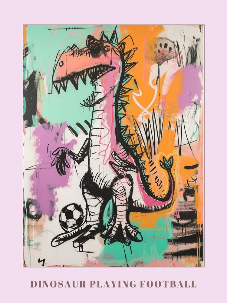 Dinosaur Playing Football Pink Graffiti Brushstroke 1 Poster