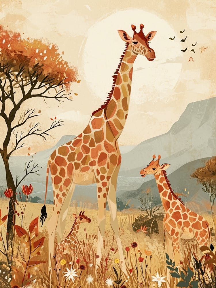 Modern Illustration Of Two Giraffes In The Sunset 3