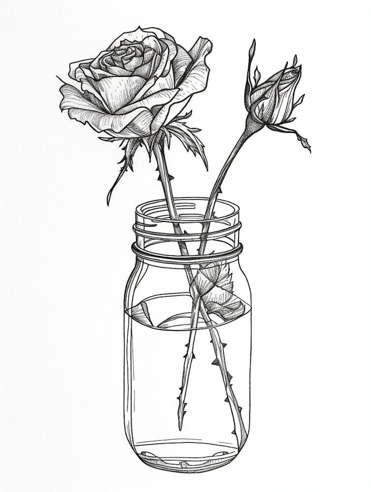 English Rose In A Jar Line Drawing 2