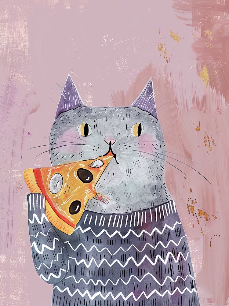Cute Grey Cat Eating A Pizza Slice Folk Illustration 1