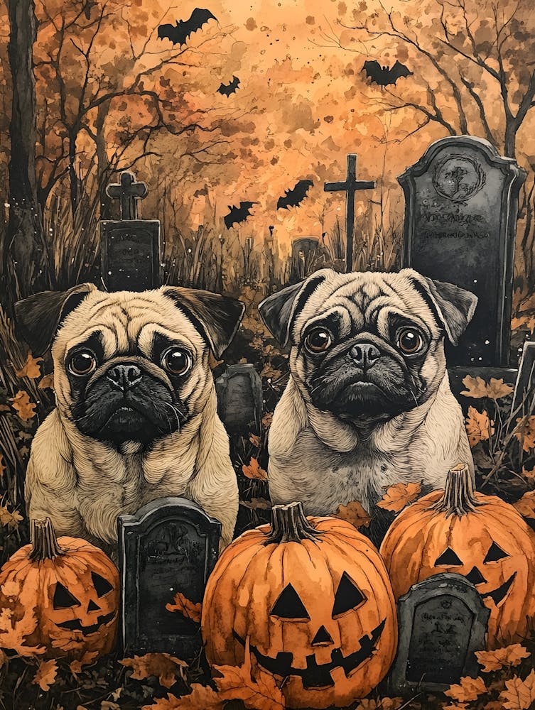 Halloween Pugs Watercolor 1