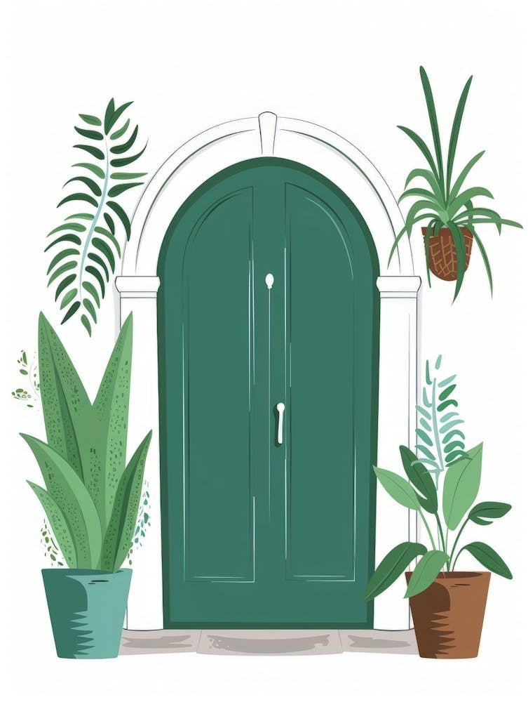 Green Door With Potted Plants