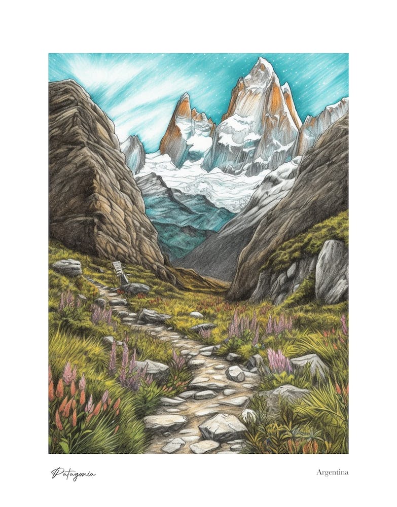 Patagonien Argentinien Bleistiftskizze 4 Aquarell-Reiseposter