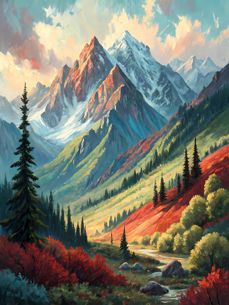 Peinture à l'Huile de Paysage Montagneux Vibrant