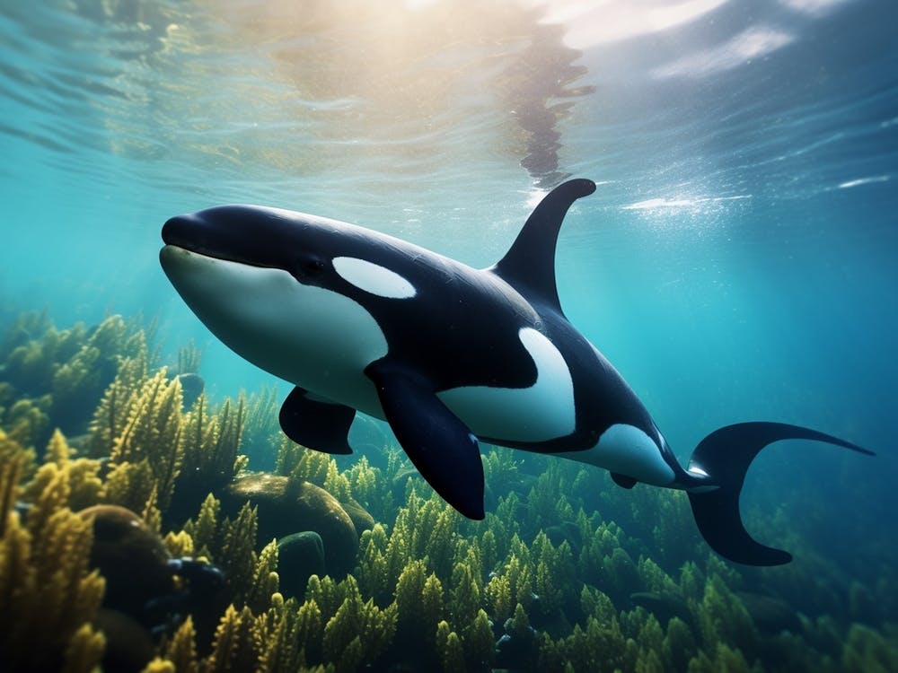 Underwater Realistic Orca Whale With Ocean Plants