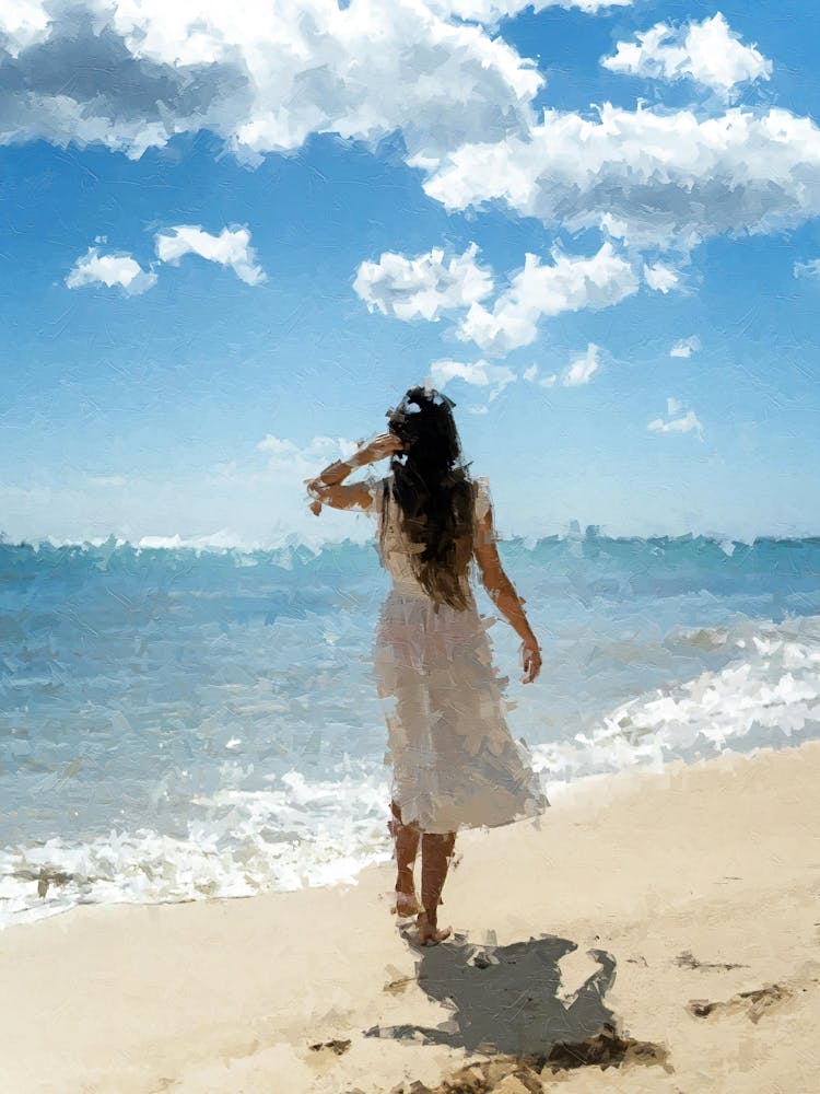 A Girl Walking Along The Beach, Sunny, Sea, Oil Painting