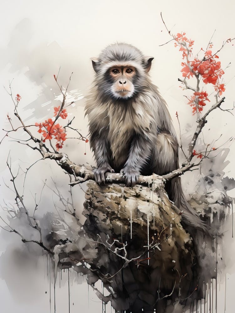 Monkey, Japanese Brush Painting, Ukiyo E, Minimal 3