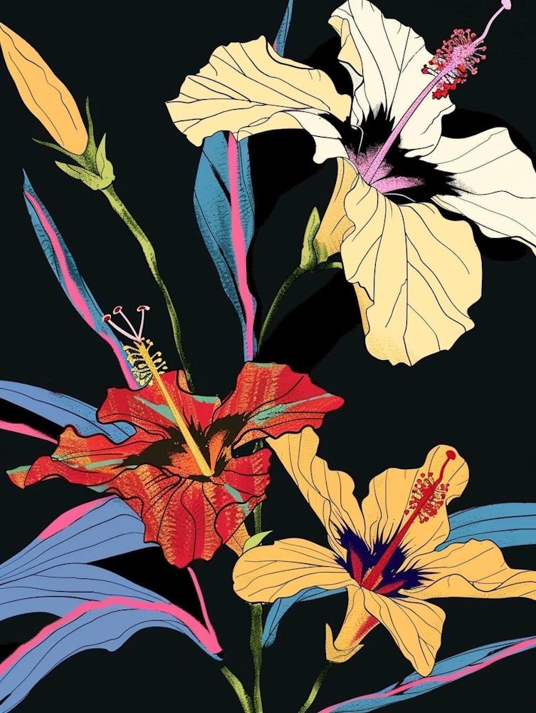 Neon Flowers On Black Hibiscus 2