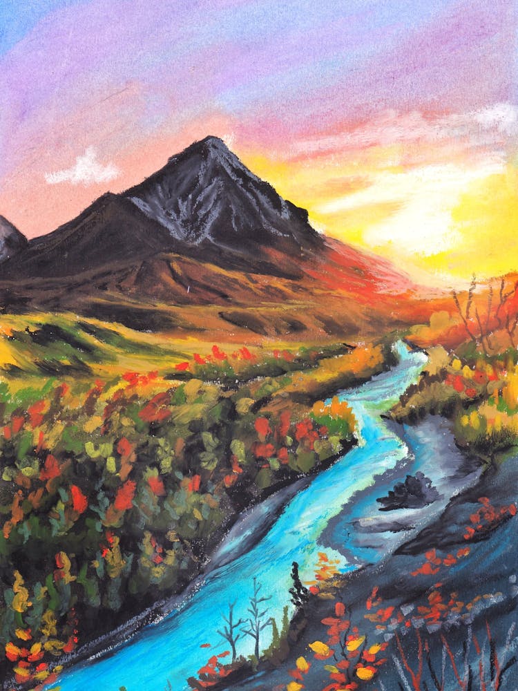 Sunset In The Mountains with river