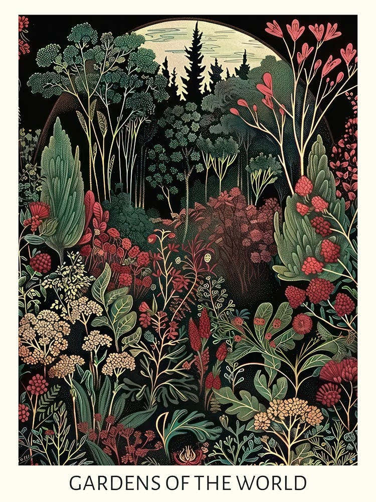 Gardens Of The World Red Vintage Art Nouveau Botanical
