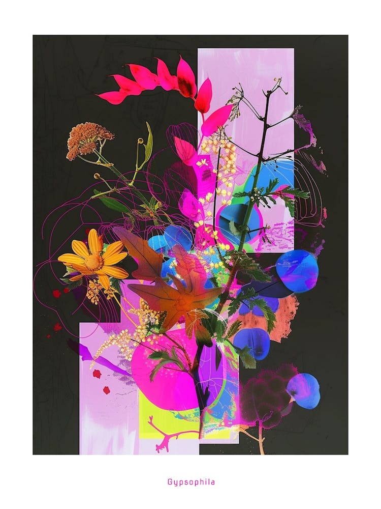 Gypsophila (Baby S Breath) 2 Neon Flower Collage Poster