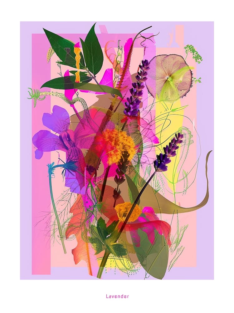 Lavender 2 Neon Flower Collage Poster