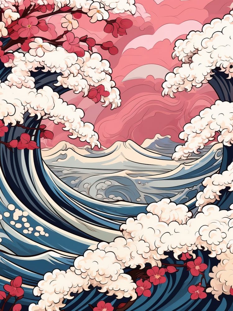 Great Wave With Cherry Blossom Flower Drawing In The Style Of Ukiyo E 1